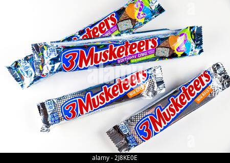 3 Musketeers candy bars isolated on a white background. Stock Photo