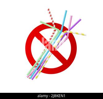 Forbidden plastic straw. Vector prohibition and ban sign with cocktail tubes in red crossed circle. Environment pollution, wastes and garbage recycle campaign. Ecology protection realistic 3d Stock Vector