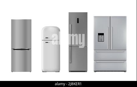 Realistic kitchen refrigerator, isolated vector fridge machines, freezers. Modern and retro 3d appliances with digital display and dispenser for water, gray or silver metal devices front view Stock Vector