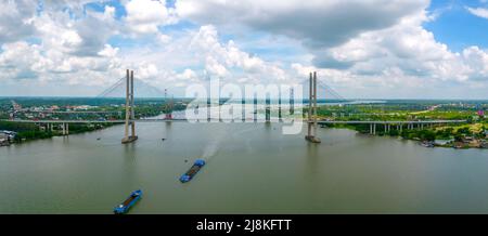 My Thuan bridge, Vinh Long city, Vietnam, aerial view. My Thuan bridge is famous bridge in mekong delta, Vietnam. Stock Photo