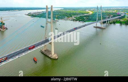My Thuan bridge, Vinh Long city, Vietnam, aerial view. My Thuan bridge is famous bridge in mekong delta, Vietnam. Stock Photo