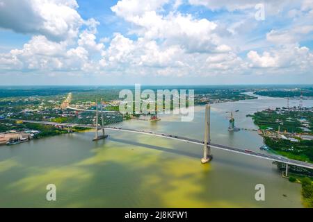 My Thuan bridge, Vinh Long city, Vietnam, aerial view. My Thuan bridge is famous bridge in mekong delta, Vietnam. Stock Photo