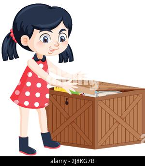 A girl putting her toy into the box illustration Stock Vector