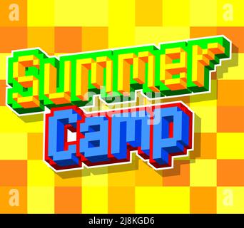 Summer Camp. Pixelated word with geometric graphic background. Vector cartoon illustration. Stock Vector