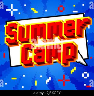 Summer Camp. Pixelated word with geometric graphic background. Vector cartoon illustration. Stock Vector