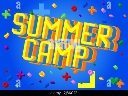 Summer Camp. Pixelated word with geometric graphic background. Vector cartoon illustration. Stock Vector