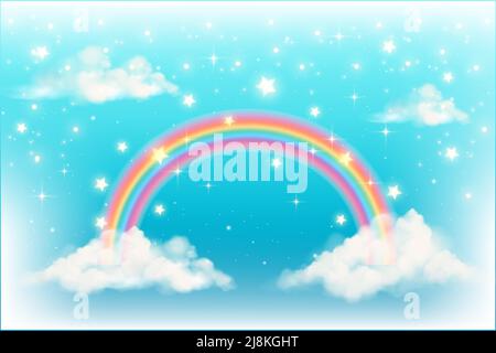 Bright arched rainbow with clouds realistic vector illustration on ...