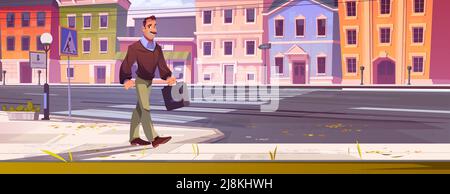 Man worker with briefcase walk on city street. Vector cartoon illustration of autumn cityscape with houses, road with pedestrian crosswalk and technician with tool box goes to job Stock Vector