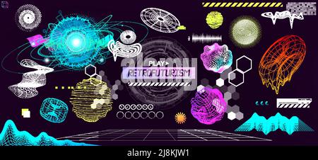 Cyberpunk style. Holographic retrofuturistic trendy set in 80s-90s and vaporwave Stock Vector