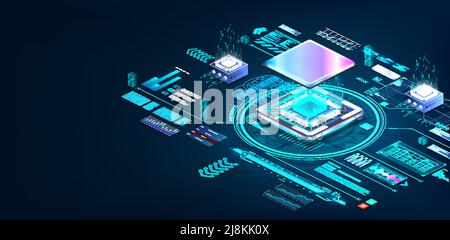 CPU microchip isometric banner Stock Vector