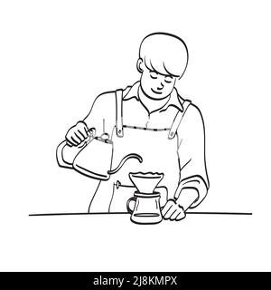 Professional man barista is making drip brewing illustration vector hand drawn isolated on white background line art. Stock Vector