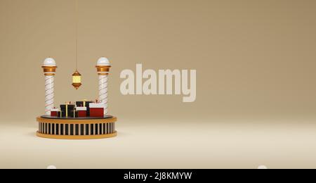 3d Eid al Adha Islamic background, Gift box, lantern, on the podium, and 3d Eid Mubarak festival greeting design. Stock Photo