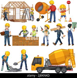 Set of construction site objects and workers illustration Stock Vector