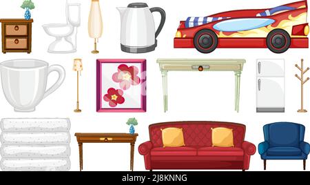 Furniture and household appliances on white background illustration Stock Vector