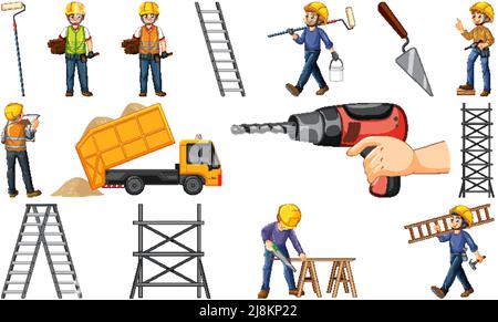 Set of construction site objects and workers illustration Stock Vector