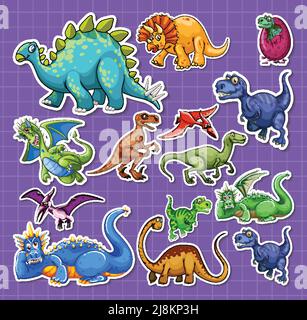 Sticker set of different dinosaur cartoon characters illustration Stock Vector