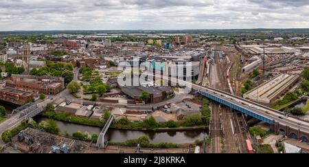 An aerial cityscape view of Doncaster city skyline with train station and Frenchgate centre after granted city status by Platinum Jubilee Queen Stock Photo