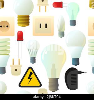 Glass electric light bulb electrical outlet and plug.. Lighting device. Energy Saving Technologies. Isolated on white background. Seamless pattern. Ve Stock Vector