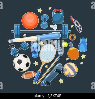 Sports equipment for athletes. Round composition. Set of tools. Symbol, icon. Colorful Illustration. Vector. Stock Vector