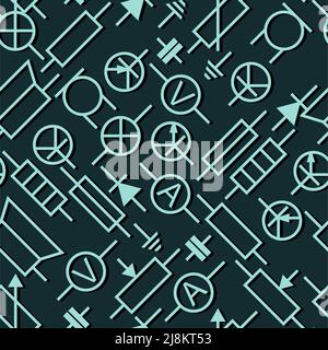 Radio component. Radio electronic circuit. Resistor, transistor, diode and capacitor. Symbolic designation. Seamless pattern Vector. Stock Vector