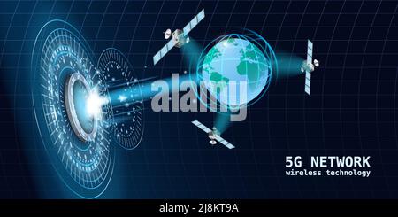 5G Network global internet technology futuristic portal, hologram, high speed data transmission satellite communication. Satellites, Earth, space wire Stock Vector
