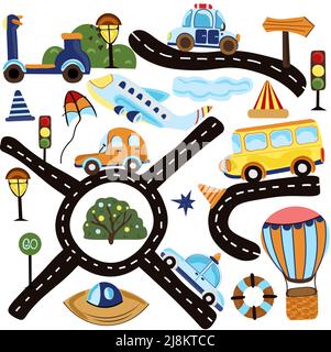 Set of different types of road transport, air transport, police car, bus, plane, road, scooter, air ballon, traffic lights and more. Compositions are ideal for postcards, scrapbooking, posters.Vector Stock Vector