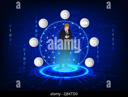 graphics design the man use mobile technology connection infrastructures and internet use, Hitech technology network connection future futurist commun Stock Vector