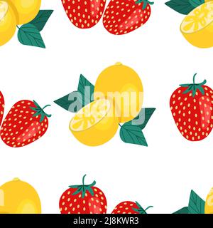 Lemons and strawberries seamless pattern. Vector illustration in flat style. Fruit print Stock Vector