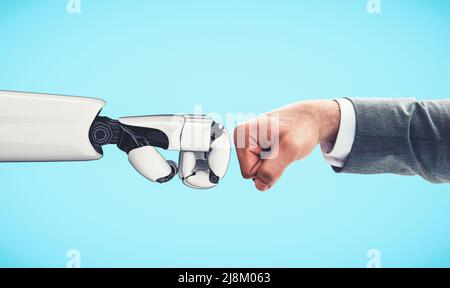 3D rendering artificial intelligence AI research of droid robot and cyborg development for future of people living. Digital data mining and machine Stock Photo
