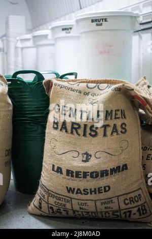 Green coffee beans in canvas sack Stock Photo
