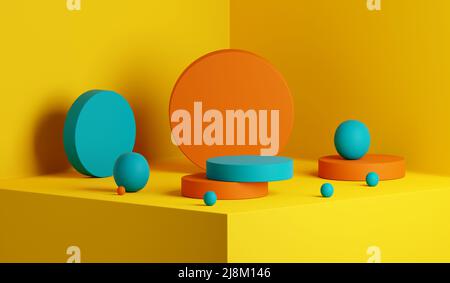Abstract yellow geometric composition background. Product stage platform in vibrant summer color palette. Minimal mockup 3d render design. Stock Photo