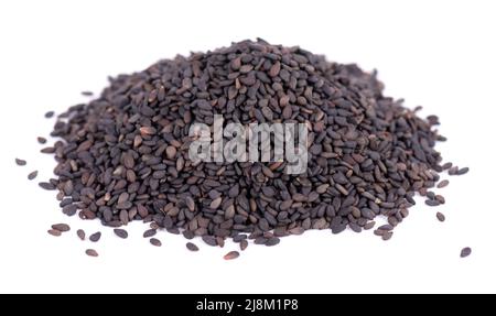 Black sesame seeds isolated on white background. Organic spice Stock Photo