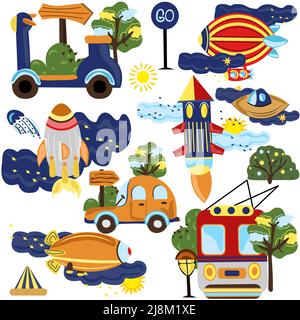 Cute compositions, collection of different types of transport, flying rocket between the clouds, scooter, tree, taxi, clouds, spaceship and other. Vector illustration.  Stock Vector
