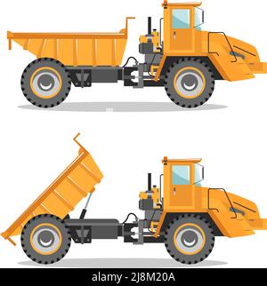 Detailed illustration of mining truck. Off-highway truck with different body position. Heavy mining machine equipmente and construction machinery. Stock Vector