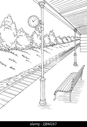 Railway station platform graphic train vertical sketch illustration vector Stock Vector