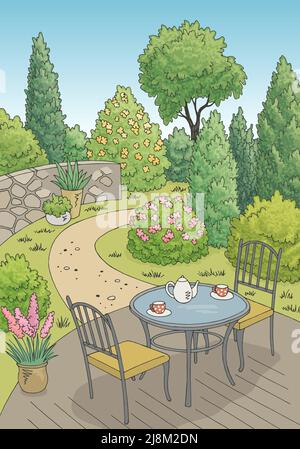 Garden graphic backyard table color sketch vertical illustration vector Stock Vector