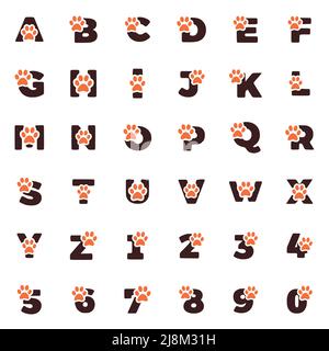 Set of creative letters and numbers with animal paw print symbol isolated on white background. Stock Vector