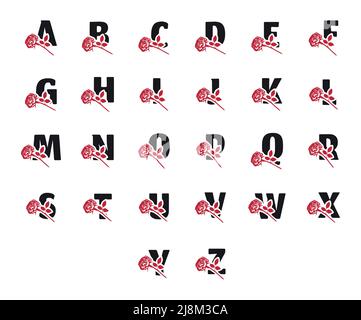 Vector set of romantic name monograms with rose flower isolated on white background. Creative letters and numbers symbols in vintage style. Stock Vector