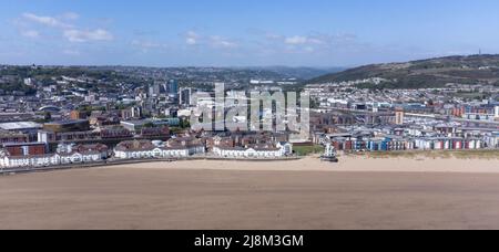 Editorial Swansea, UK - May 14, 2022:  Drone view of the centre of Swansea City, Wales UK from Swansea Bay. Flyers ID and Operators ID available upon Stock Photo