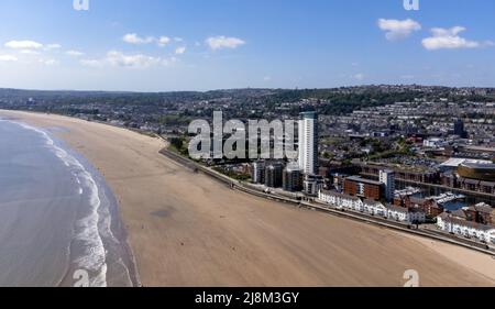 Editorial Swansea, UK - May 14, 2022:  Drone view of Swansea Bay and Swansea West including the Marina area. Flyers ID and Operators ID available upon Stock Photo