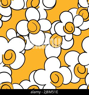 Seamless pattern based on traditional folk art flowers ornaments. Yellow and white floral background. Scandinavian style. Sweden nordic style. Vector Stock Vector
