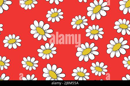 Seamless floral pattern based on traditional folk art ornaments. Colorful chamomile, daisy flowers on color background. Doodle style. Vector Stock Vector