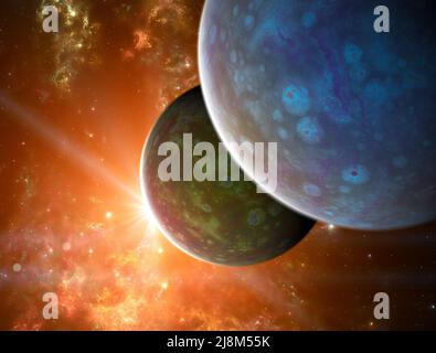 Exploration of new worlds, space and universe, new galaxies. Planets in backlight. Exoplanets. Solar systems. 3d rendering Stock Photo