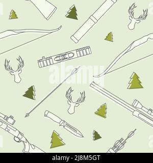 Pattern with deer heads, hunting equipment and weapons isolated on background. Stock Vector