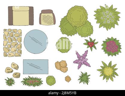Landscape architect design element set graphic color top sketch aerial view illustration vector Stock Vector