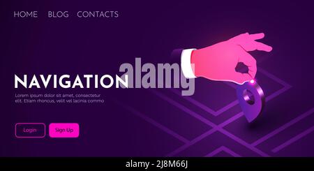 Businessman hand holding map marker. Navigation and address concept. Vector illustration Stock Vector