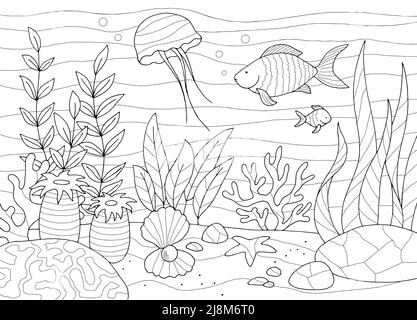 Underwater coloring graphic sea black white sketch illustration vector Stock Vector