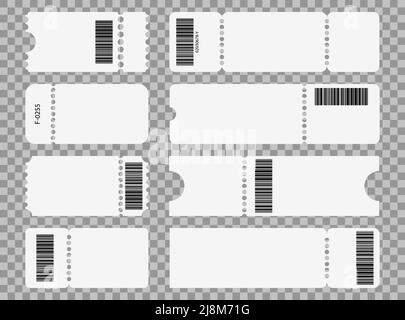 Ticket template set. Cinema, theater, concert and boarding tickets. Coupons for discounts and sales. Vector illustration on a transparent background. Stock Vector