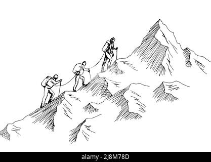 Climbers climb the mountain graphic black white landscape sketch 
