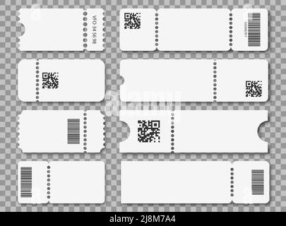 Ticket template set. Cinema, theater, concert and boarding tickets. Coupons for discounts and sales. Vector illustration on a transparent background. Stock Vector